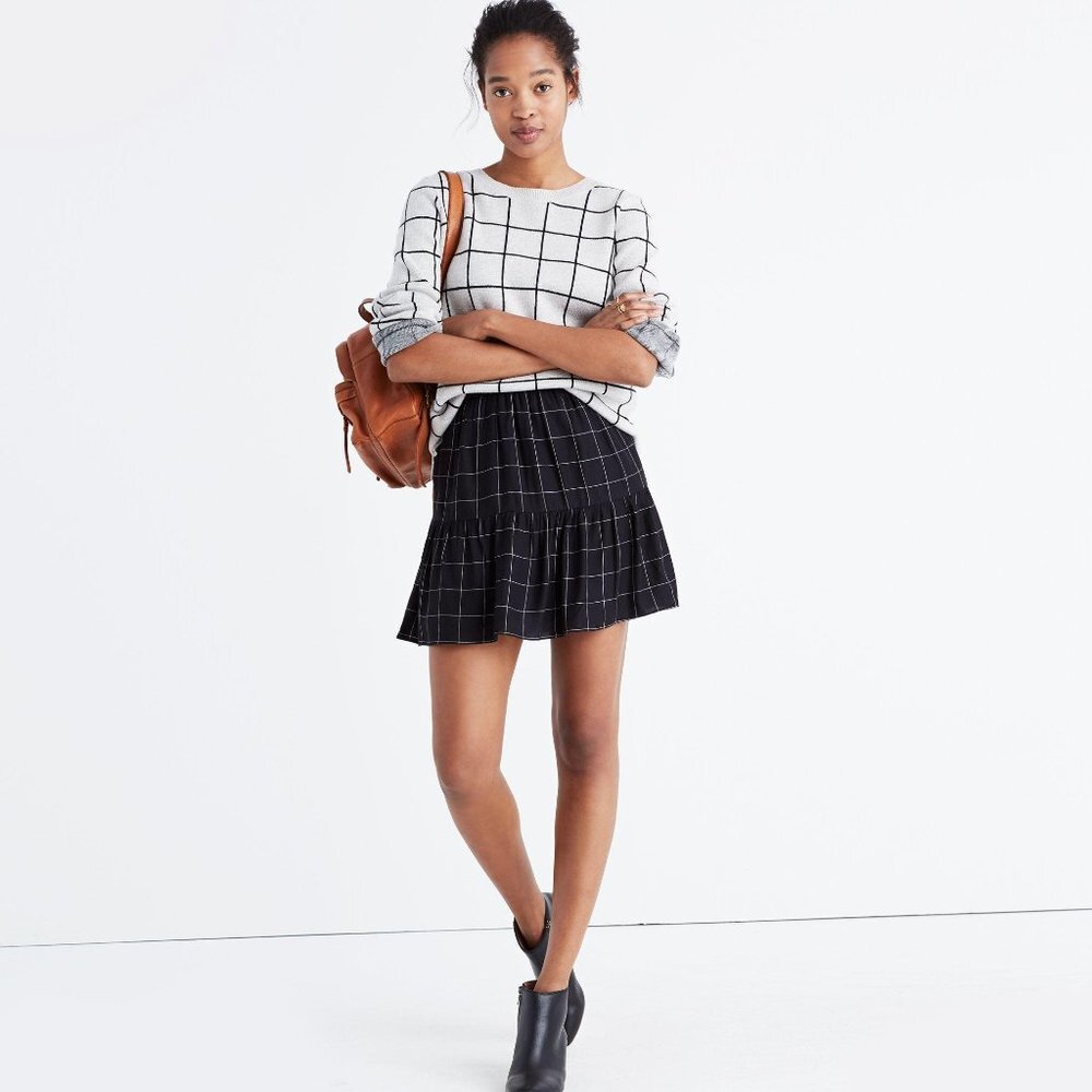 Madewell Womens Windowpane Mini Skirt Size 2 Black White Ruffle Hem Short